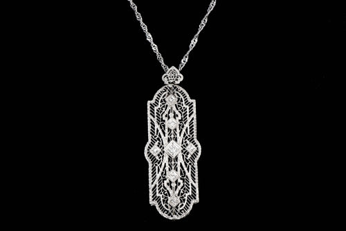 Art Deco 14K White Gold Pendant/Brooch Diamond Necklace - Queen May