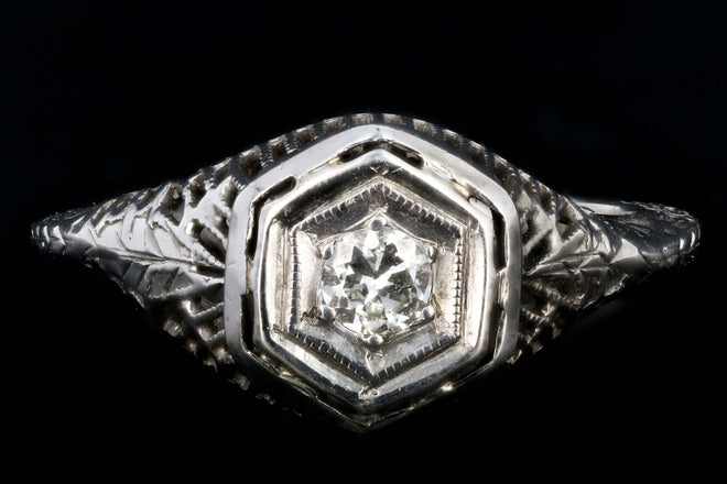 Art Deco 18K White Gold Hexagon Shape Transition Cut .15 Carat Diamond Ring - Queen May