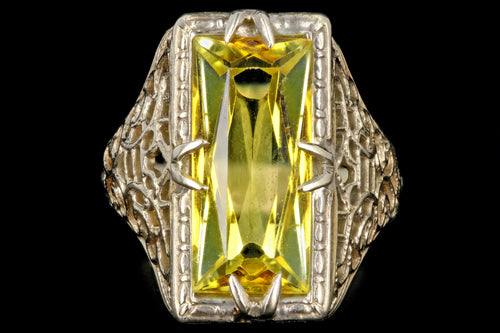 Art Deco 14K White Gold 3 CTR Synthetic Yellow Sapphire Ring - Queen May