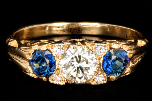 Victorian Style 14K Yellow Gold .42 CTR Round Brilliant Cut Diamond and Sapphire Ring - Queen May