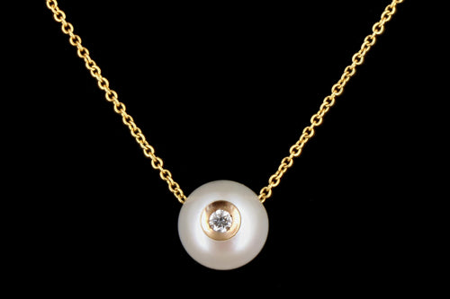 Modern 14K Yellow Gold 9mm Pearl and .05 Carat Diamond Necklace - Queen May