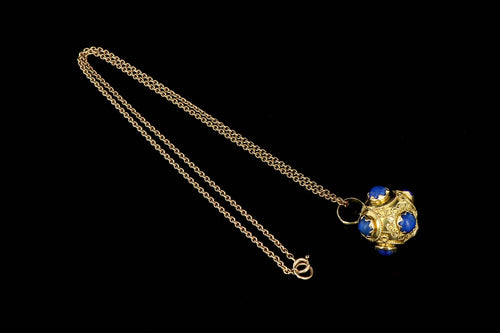 Etruscan Style 18K Yellow Gold Lapis Lazuli Charm and Necklace - Queen May