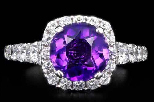 Modern 14K White Gold 1.44 Carat Round Amethyst and Diamond Halo Ring - Queen May