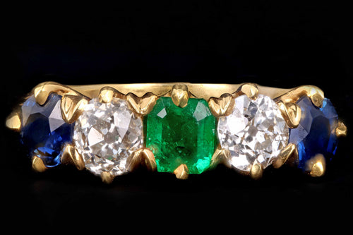Victorian 18K Yellow Gold Diamond Sapphire & Emerald 5 Stone Half Band Size 7.25 - Queen May