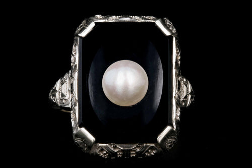 Art Deco 10K White Gold Filigree Onyx Pearl Ring - Queen May