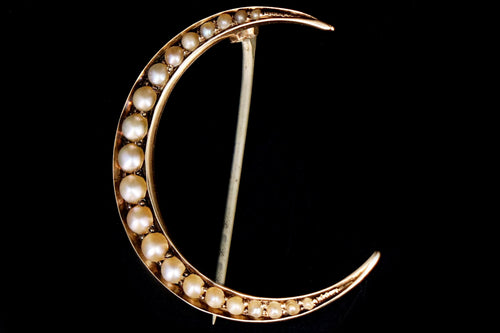 Victorian 14K Gold Crescent Moon Seed Pearl Pin Brooch c.1890's - Queen May