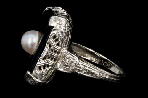 Art Deco 10K White Gold Filigree Onyx Pearl Ring - Queen May