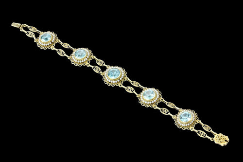 14K Yellow Gold Victorian Style 12 CTW Blue Zircon with Seed Pearl Bracelet - Queen May