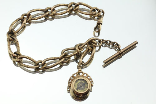 Antique Edwardian Heavy Gold Filled Pocket Watch Chain & Compass Fob - Queen May