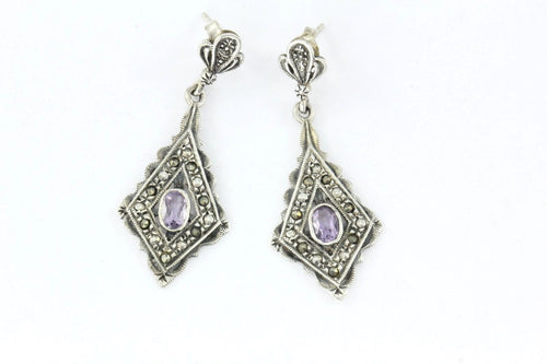 Vintage Sterling Silver Marcasite & Lilac Purple Amethyst Dangle Earrings - Queen May