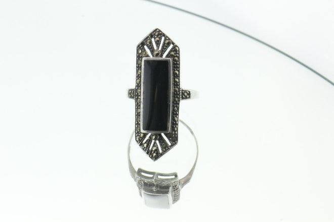 Vintage Sterling Silver Marcasite & Onyx Art Deco Ring - Queen May