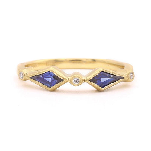 18K Yellow Gold Blockette Kite Blue Sapphire Diamond Ring Size 7 - Queen May