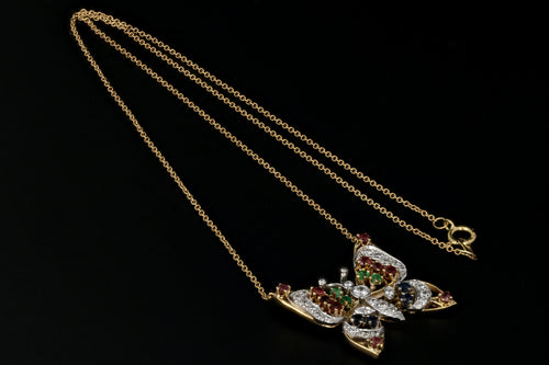 Modern 18K Yellow Gold Butterfly Necklace with .40 Carat Diamonds, Emeralds, Sapphires, and Rubies - Queen May