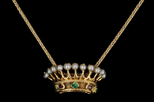 Victorian 18K Gold Ruby Emerald Pearl Crown Pendant Necklace c.1840s - Queen May