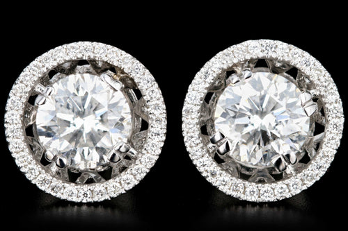 New 18K White Gold 2.22 CTW Round Brilliant Cut Diamond Halo Stud Earrings - Queen May