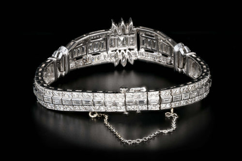 Art Deco Platinum 6 Carat Emerald, Marquise, Straight Baguette, and Single Cut Diamond Bracelet - Queen May