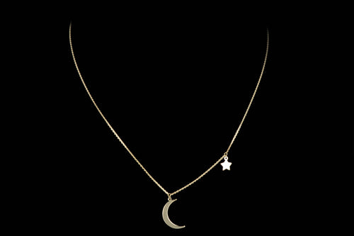 New 14K Yellow Gold Crescent Moon + Star Necklace - Queen May