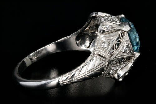 Art Deco Platinum 2.1CT Blue Zircon and Diamond Ring - Queen May