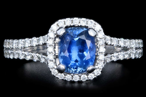 Modern 18K White Gold 1.25 Natural Sapphire and Diamond Halo Ring - Queen May