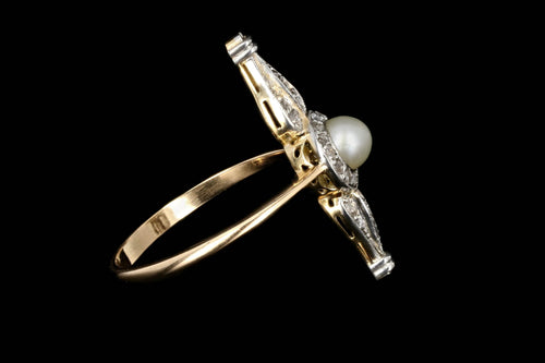 Edwardian 18K Yellow Gold and Platinum Diamond and Pearl Navette Ring - Queen May