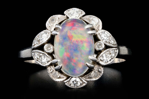 Retro Platinum 3 Carat Opal and Diamond Flower Ring - Queen May