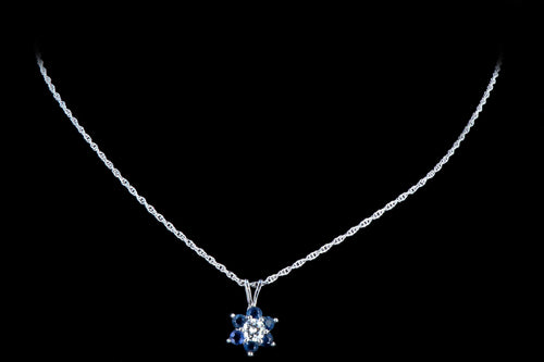 Modern 14K White Gold .40 CTS Round Diamond .60 Carats Natural Sapphires Pendant Necklace - Queen May