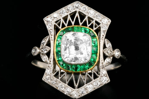 Art Deco Platinum 1.28 Carat Old Mine Cut Emerald & Diamond Ring - Queen May