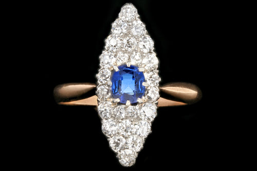 Edwardian 14K Rose Gold and Platinum Sapphire and Diamond Navette Ring - Queen May