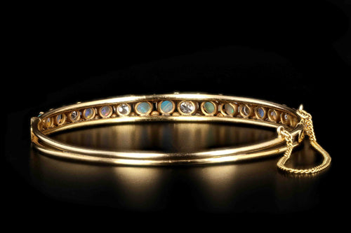 Victorian 14K Yellow Gold Cabochon Opal & Old European Cut Diamond Bangle Bracelet - Queen May