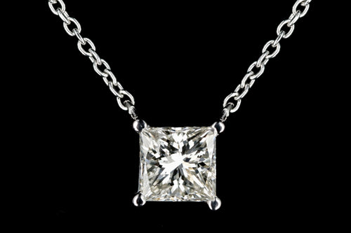 New 14K White Gold .98 Carat Princess Cut Diamond Pendant Necklace - Queen May