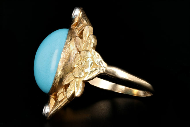 Vintage 14K Yellow Gold Turquoise and Single Cut Diamond Ring - Queen May