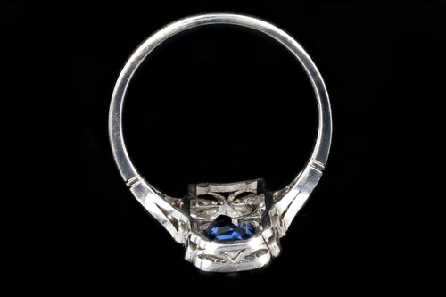 Art Deco Style Platinum 1.25 Emerald Cut Sapphire & Diamond Ring - Queen May