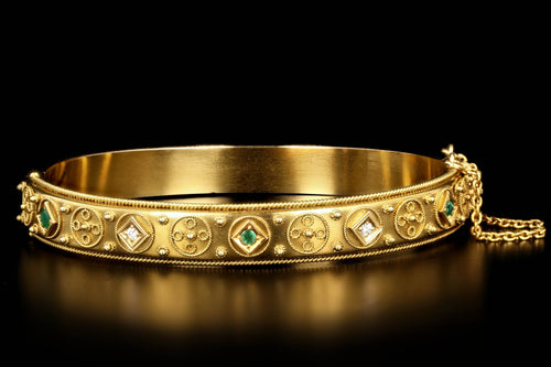 Victorian Etruscan Revival 18K Yellow Gold Emerald and Diamond Bracelet - Queen May