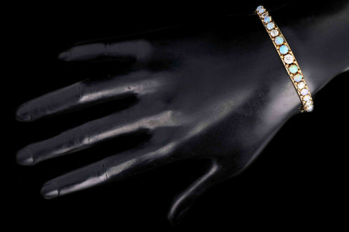 Victorian 14K Yellow Gold Cabochon Opal & Old European Cut Diamond Bangle Bracelet - Queen May