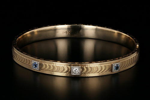 Art Deco 14K Yellow Gold Sapphire & Diamond Bangle Bracelet - Queen May