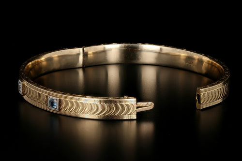Art Deco 14K Yellow Gold Sapphire & Diamond Bangle Bracelet - Queen May