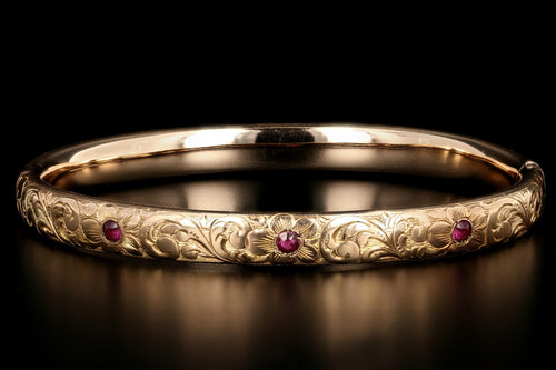 Victorian 14K Gold & Ruby Floral Bangle Bracelet c.1890's - Queen May