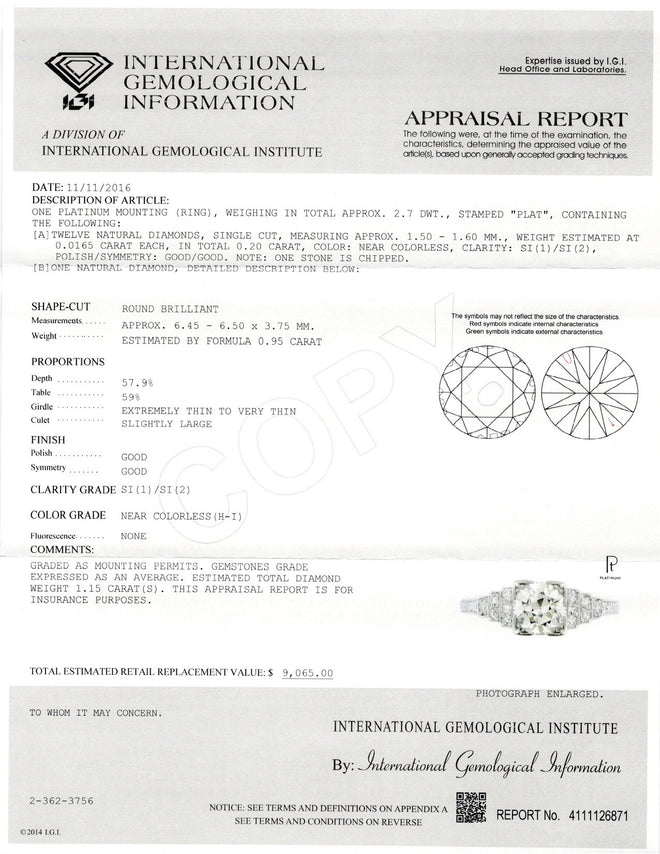 An Art Deco Platinum Old European Cut 1.15 carat total weight Diamond Engagement Ring - Queen May