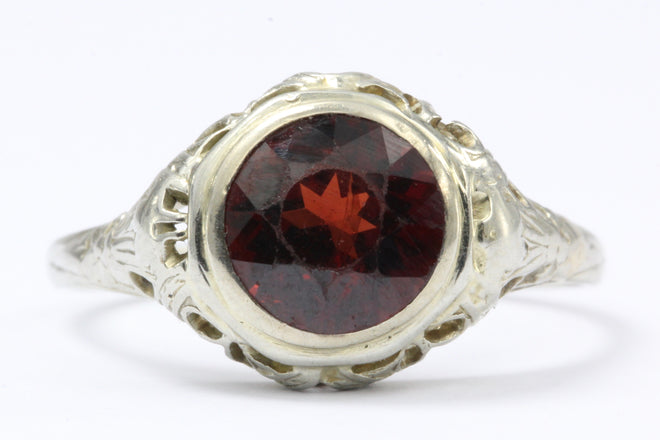 Antique 18K White Gold Art Nouveau Garnet Ring Signed M.G. - Queen May