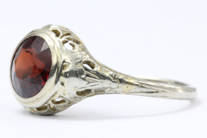 Antique 18K White Gold Art Nouveau Garnet Ring Signed M.G. - Queen May