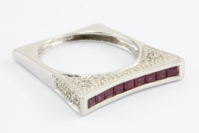 18k White Gold Ruby Diamond Square Modernist Ring Band - Queen May