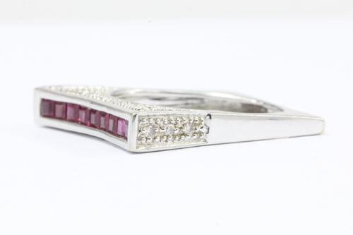 18k White Gold Ruby Diamond Square Modernist Ring Band - Queen May