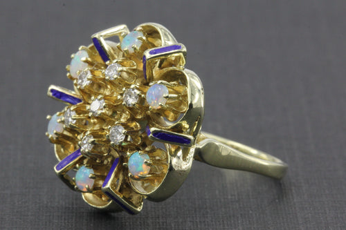 Retro 14K Gold Fire Opal, Diamond & Blue Enamel Chunky Ring c.1950's - Queen May