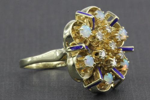 Retro 14K Gold Fire Opal, Diamond & Blue Enamel Chunky Ring c.1950's - Queen May