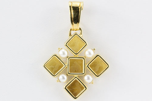 18K Gold Pearl Tagliamonte Cupid Cherubs Cross Pendant Necklace - Queen May