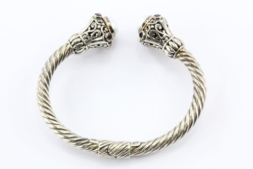 Bali Designs Robert Manse Sterling Silver 18K Pearl Garnet Cable Cuff Bracelet - Queen May