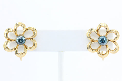 Art Deco 14K Gold Blue Zircon L. Fritschze & Co Flower Earrings c.1940's - Queen May