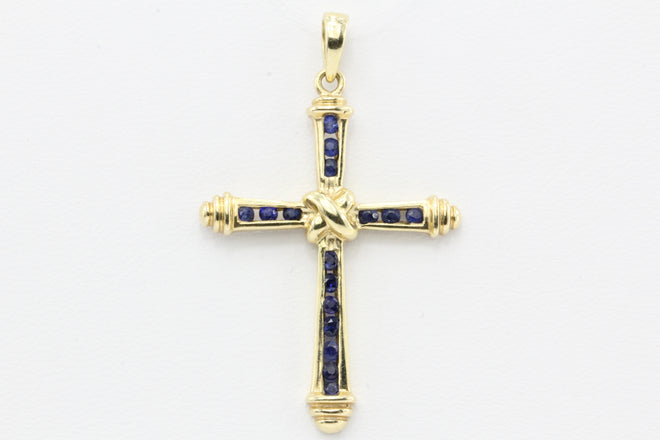 14K Gold Blue Sapphire Cross Pendant - Queen May
