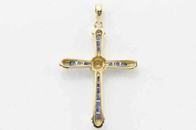 14K Gold Blue Sapphire Cross Pendant - Queen May