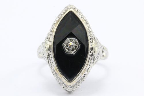 Art Deco 14K White Gold Onyx Diamond J.J. White Co. Filigree Ring c.1920's - Queen May